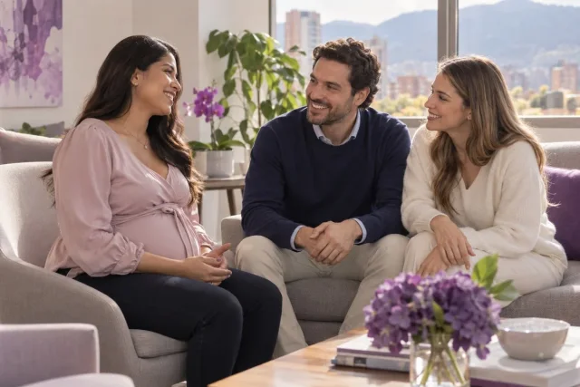 Future parents and the gestational mother share a conversation